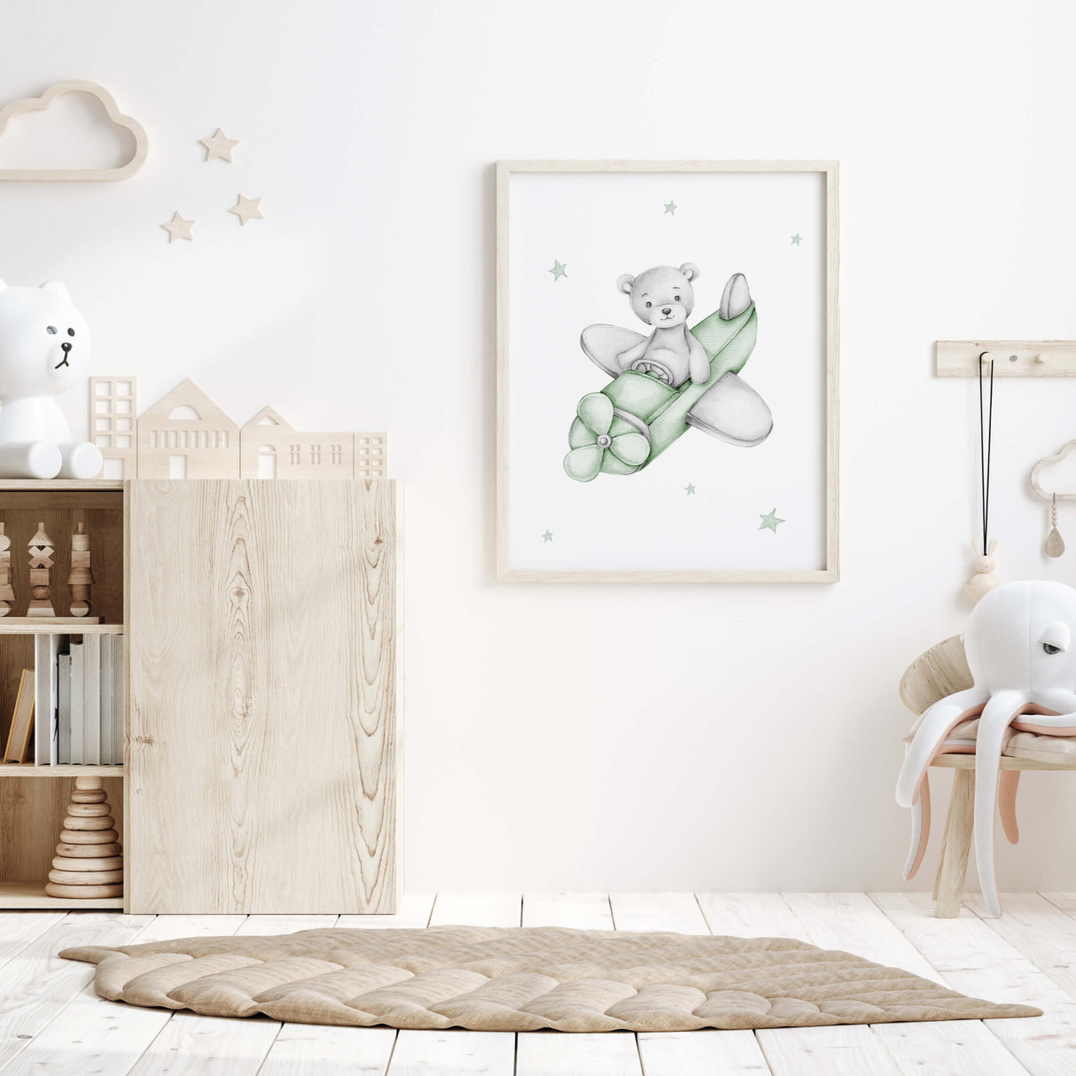 Set of 4 watercolor sage green gray teddy bear print for gender neutral nursery decor and ideas, includes teddy bear on the moon, cloud, with balloon and in airplane.