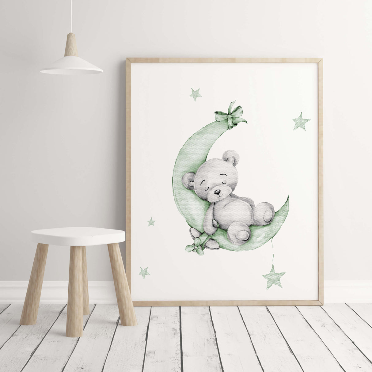 Set of 4 watercolor sage green gray teddy bear print for gender neutral nursery decor and ideas, includes teddy bear on the moon, cloud, with balloon and in airplane.