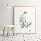 Set of 4 watercolor sage green gray teddy bear print for gender neutral nursery decor and ideas, includes teddy bear on the moon, cloud, with balloon and in airplane.