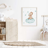 Watercolor dark mint teddy bear on the cloud print for white beige nursery decor.