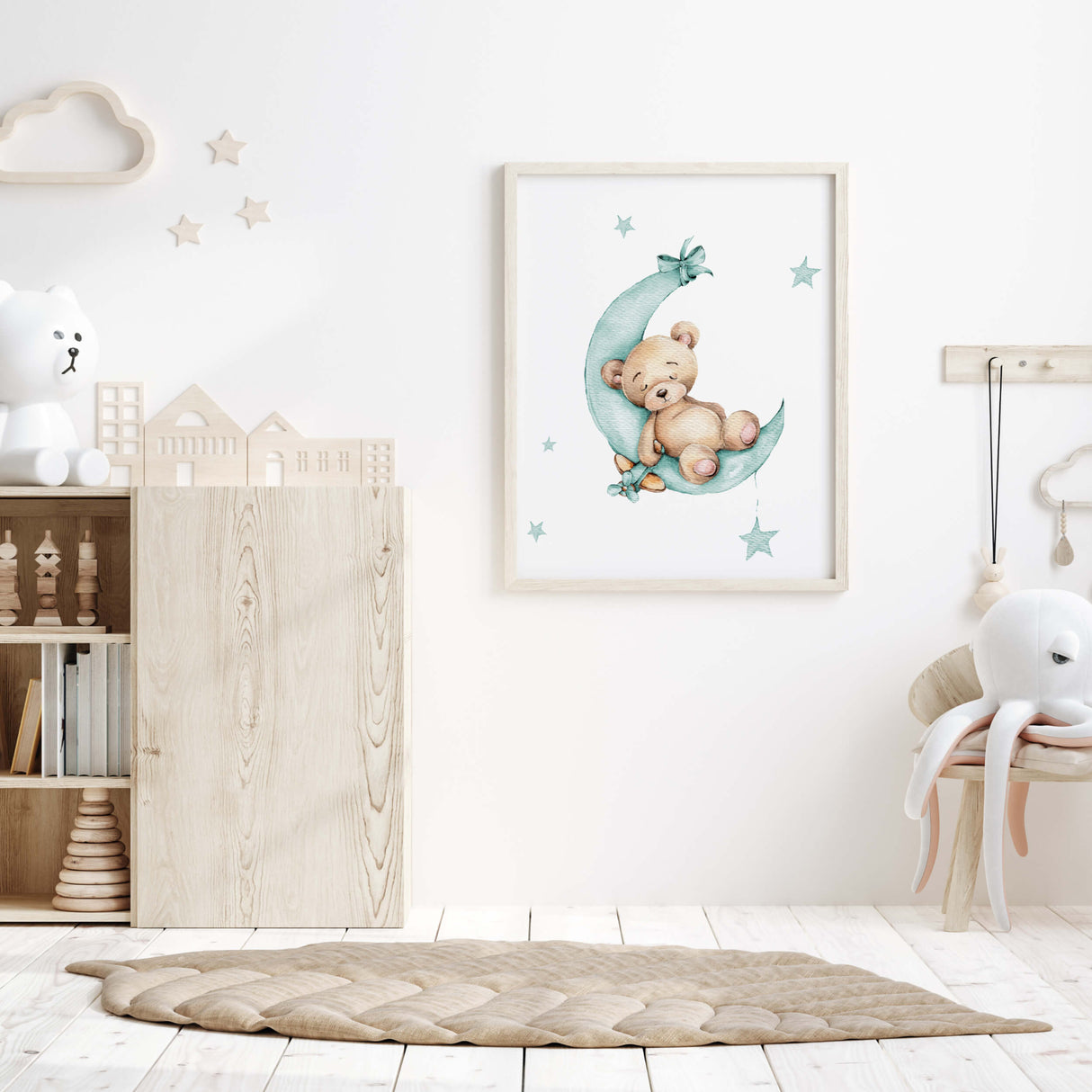 Watercolor dark mint teddy bear on the moon printable for gender neutral nursery decor.