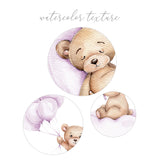Set of 3 watercolor purple teddy bear poster for baby girls room decor.