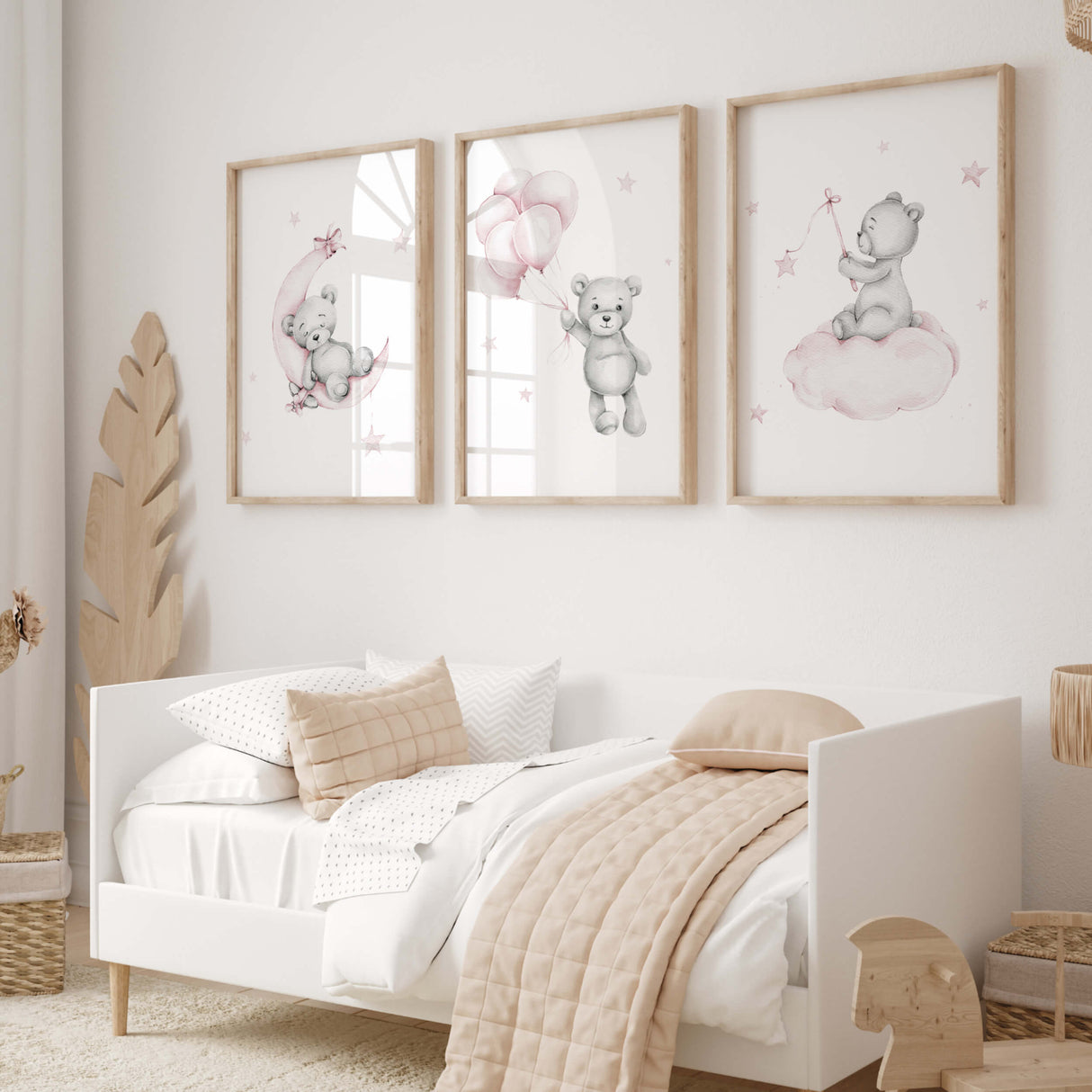 Watercolor teddy bear with moon, balloon, cloud printable in light pink and gray colors for baby girls room decor.