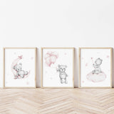 Watercolor teddy bear on the moon, teddy bear on cloud, with balloon print in light pink and gray colors for baby girls room decor.