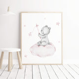 Watercolor teddy bear on the cloud print in light pink and gray colors for baby girls room decor.