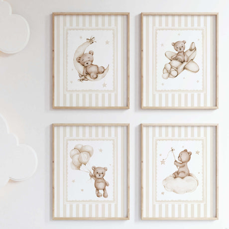 Beige teddy bear nursery wall art printable set of 4 digital baby room decor