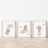 Teddy Bear Astronaut Nursery Prints  - Brown - Beige - Set of 3