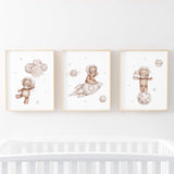 Teddy Bear Astronaut Nursery Prints  - Brown - Beige - Set of 3
