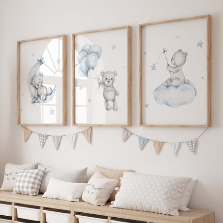 Watercolor teddy bear in light blue and gray colors for toddler and baby boys room decor.