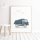 Watecolor dump truck print in panel dark blue for toddler and boys nursery room decor.