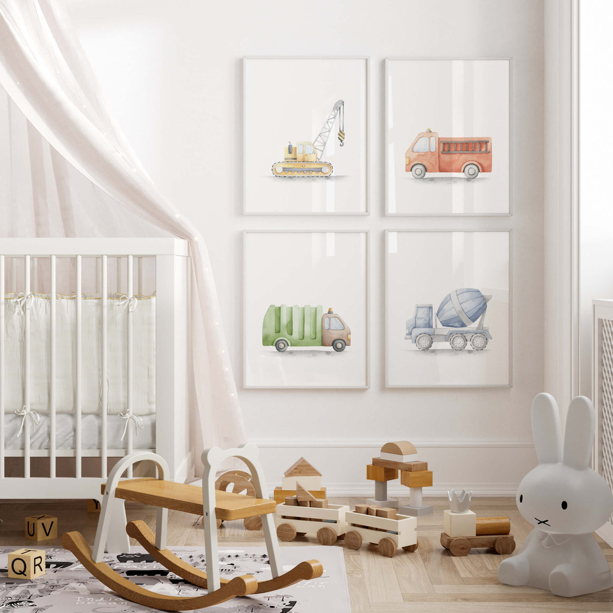 Set of 4 watercolor transport print with crane, trush car, cement mixer, fire truck for toddler and baby boys room decor.