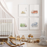 Set of 4 watercolor transport print with crane, trush car, cement mixer, fire truck for toddler and baby boys room decor.