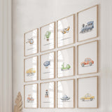 Set of 12 watercolor transport nursery print for toddler and baby boys room decor.