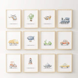 Set of 12 vehicle, car and transport nursery  poster for toddler and baby boys room decor.