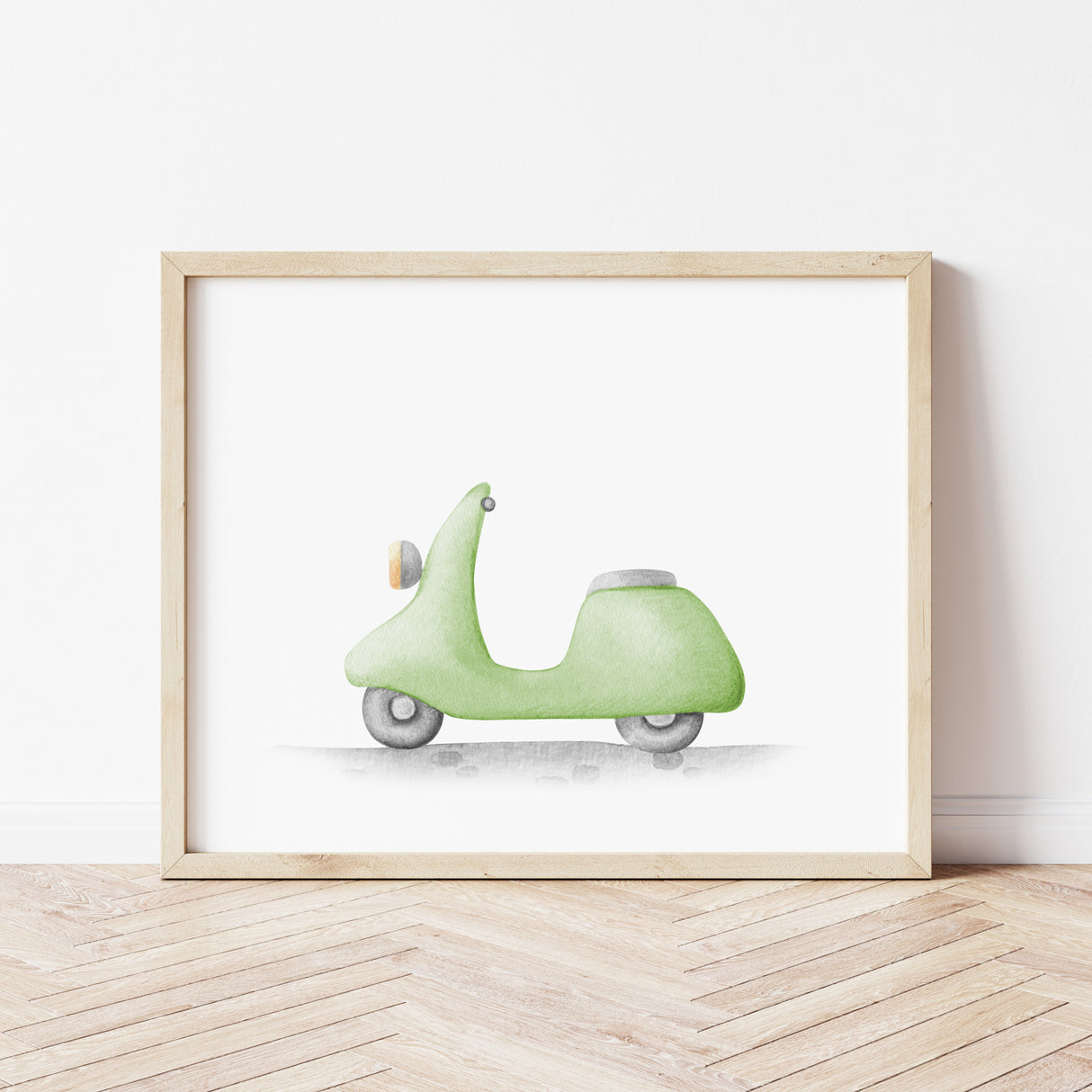 Watercolor scooter print for toddler, boys and neutral nursery decor.