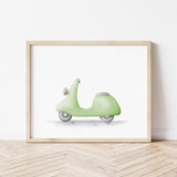 Watercolor scooter print for toddler, boys and neutral nursery decor.