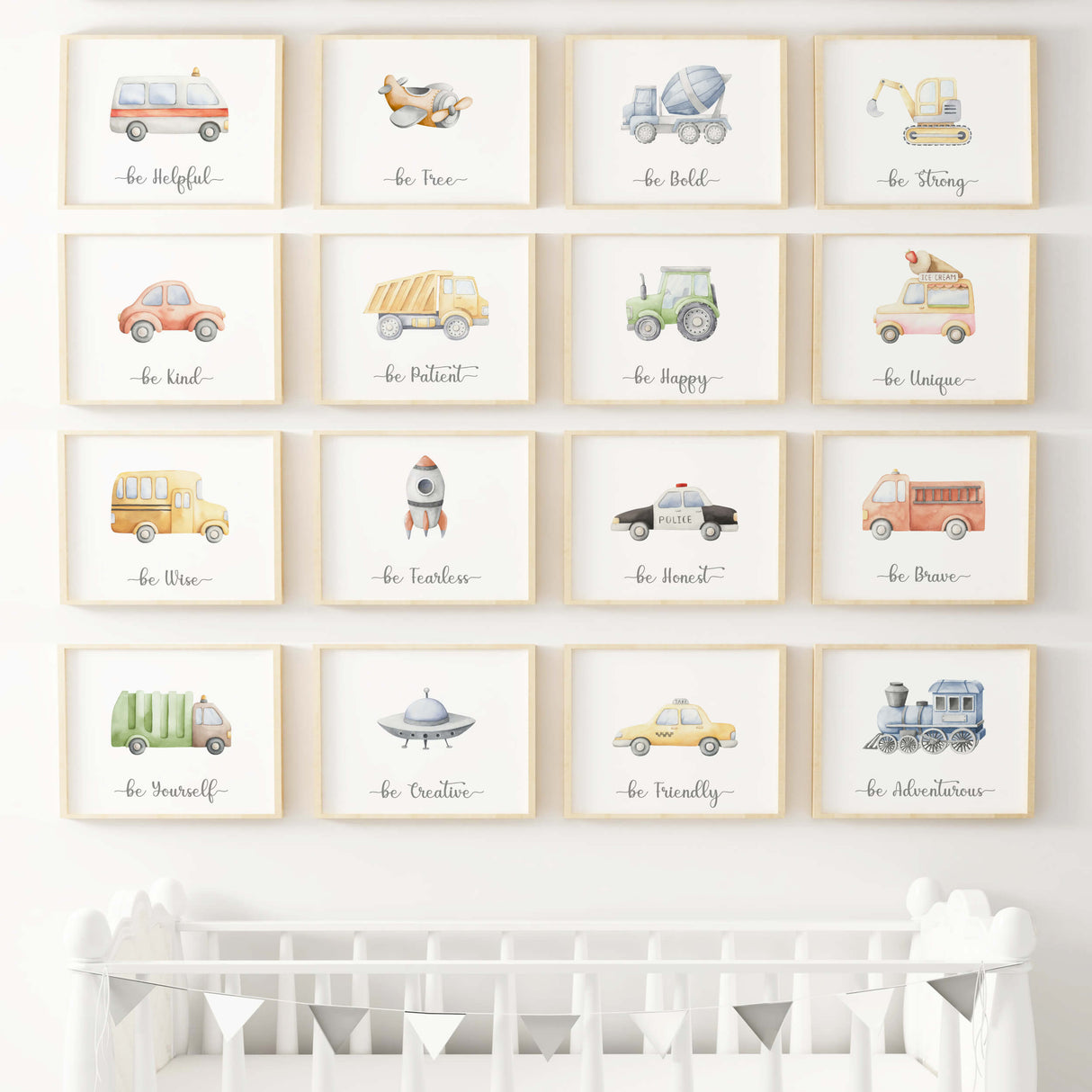 Watercolor transport print for toddler room decor, baby boys room decor, nursery decor, positive quote: be helpful, be free, be bold, be Strong, be kind, be patient, be happy, be unique, be wise, be fearless, be honest, be brave, be yourself, be creative, be friendly, be adventurous, transports: ambulance car, airplane, cement mixer, digger, car, dump truck, tractor, ice cream car, bus, spaceship, police car, fire truck, trash car, UFO, taxi, train

