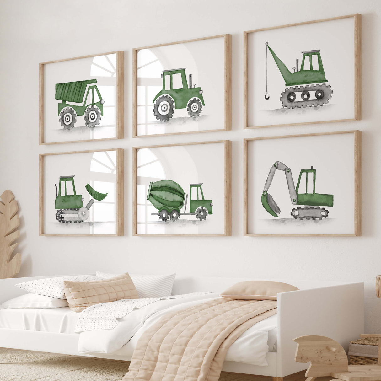 Watercolor construction vehicle printable in hunter green colors for toddler room decor, baby boys room decor and kids room decor.