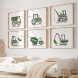 Watercolor construction vehicle printable in hunter green colors for toddler room decor, baby boys room decor and kids room decor.