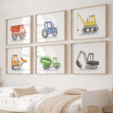 Watercolor colorful construction vehicle print for toddler room decor, baby boys room decor, nursery room decor, vehicles: tractor, cement mixer, crane, digger, dump truck, bulldozer.