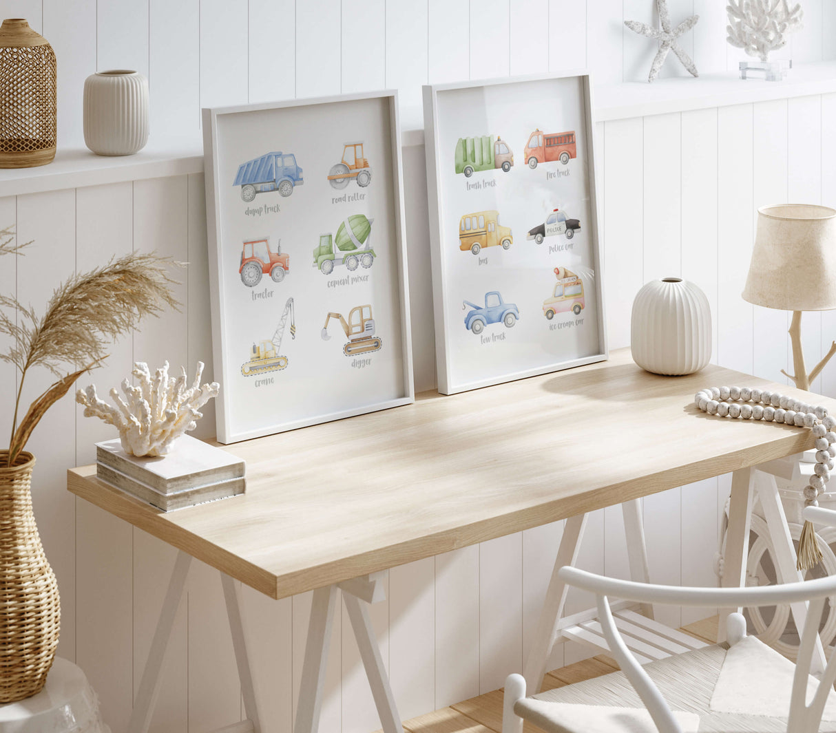 Scandinavian style boys room wall decor set with tractors and trucks.