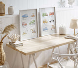 Scandinavian style boys room wall decor set with tractors and trucks.
