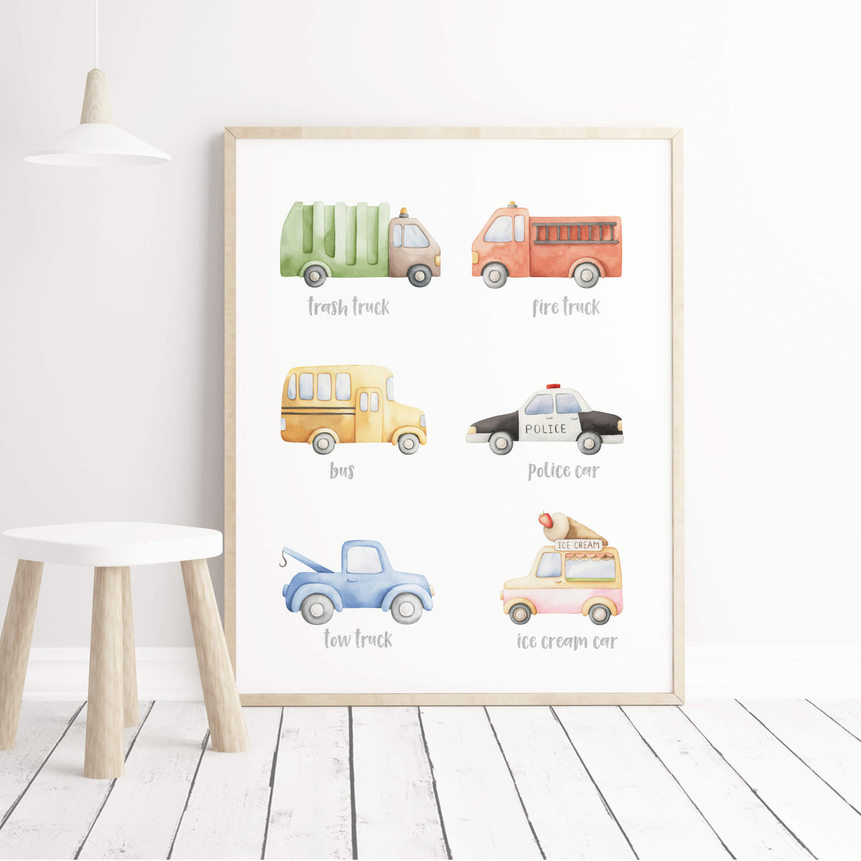 Set of 2 watercolor education transport and construction vehicle print for toddler, boys room decor and neutral nursery decor.
