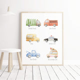 Set of 2 watercolor education transport and construction vehicle print for toddler, boys room decor and neutral nursery decor.