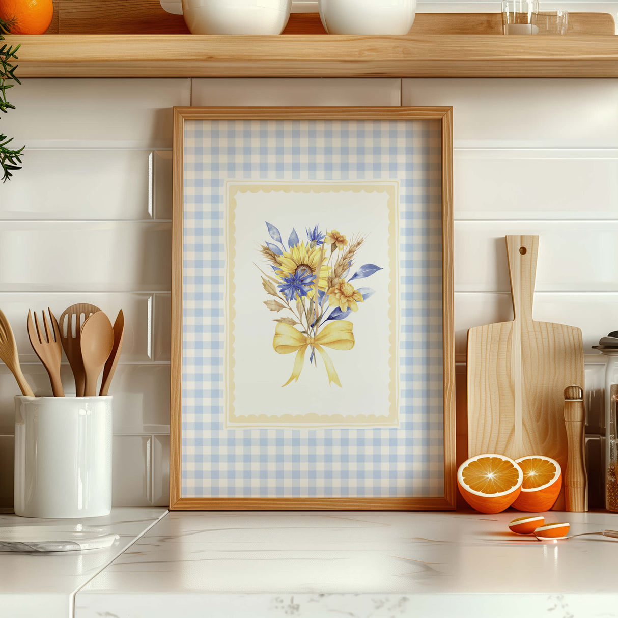 Sunflower Printable Wall Art with Blue Gingham Border  - Flower Print - Blue - Yellow - Cottagecore