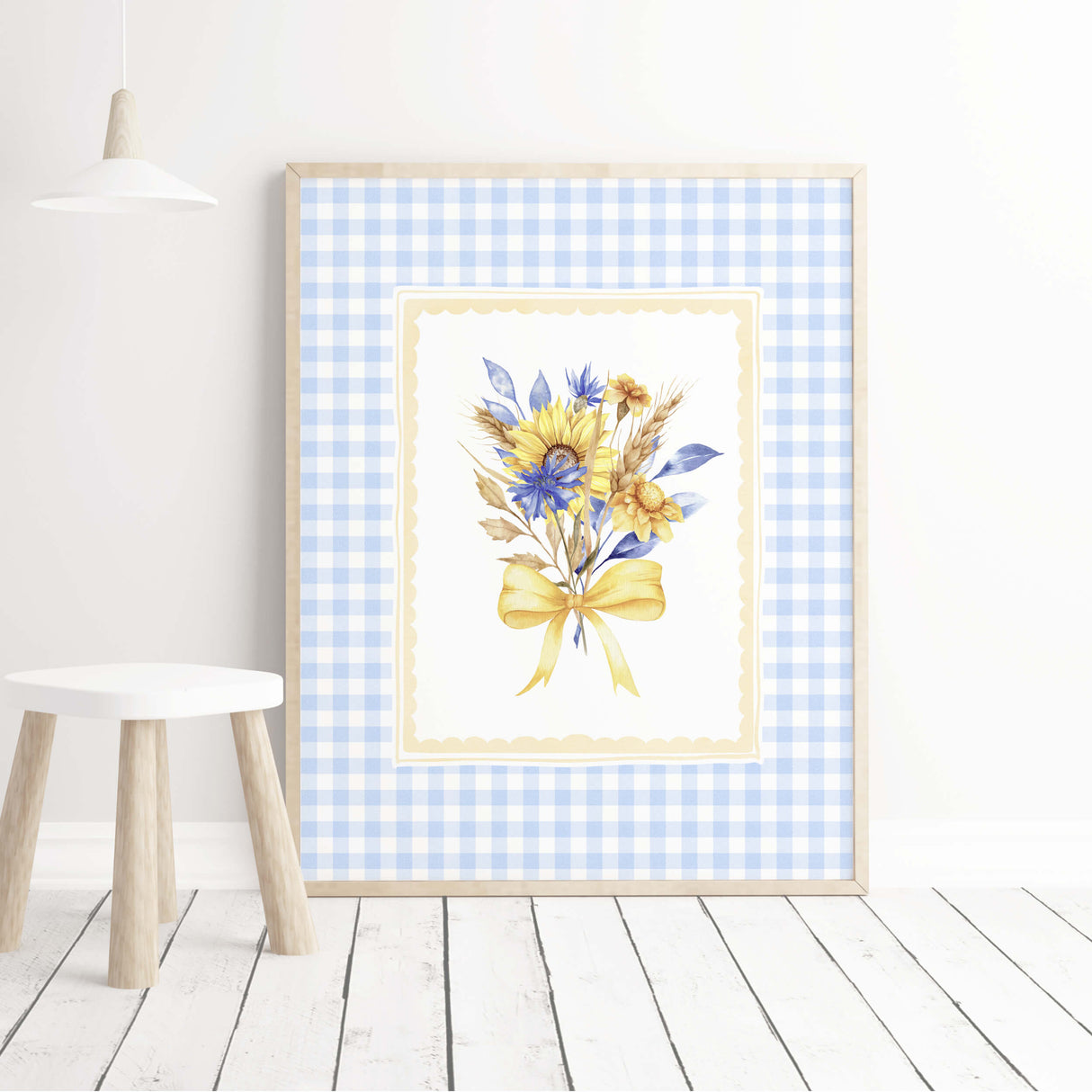 Sunflower Printable Wall Art with Blue Gingham Border  - Flower Print - Blue - Yellow - Cottagecore