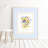 Sunflower Printable Wall Art with Blue Gingham Border  - Flower Print - Blue - Yellow - Cottagecore