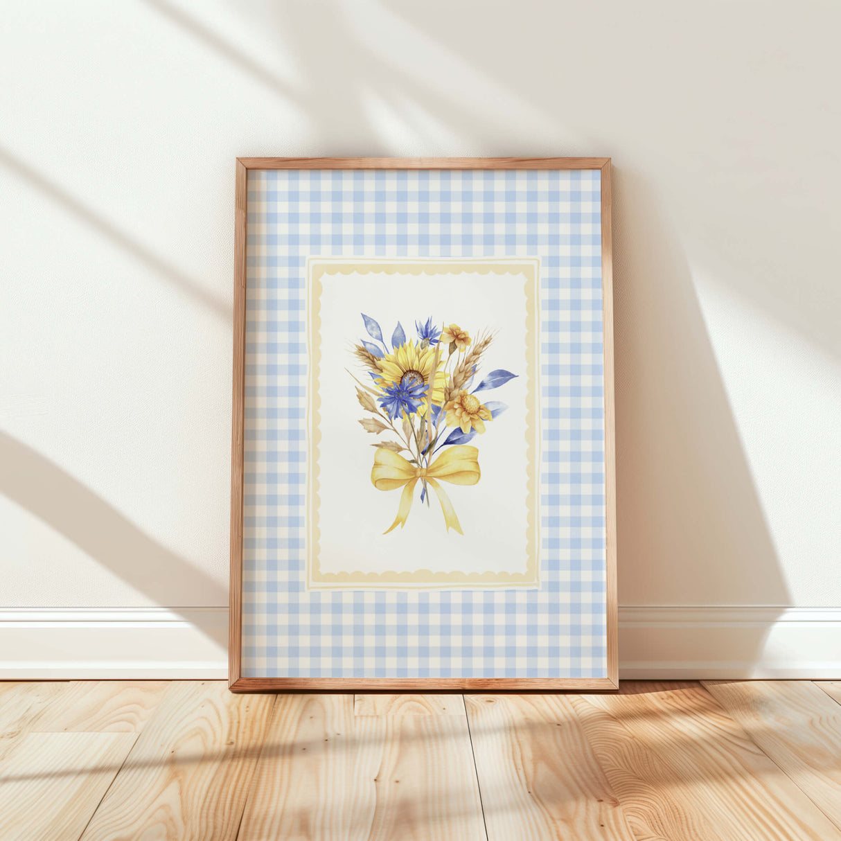Sunflower Printable Wall Art with Blue Gingham Border  - Flower Print - Blue - Yellow - Cottagecore