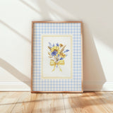 Sunflower Printable Wall Art with Blue Gingham Border  - Flower Print - Blue - Yellow - Cottagecore