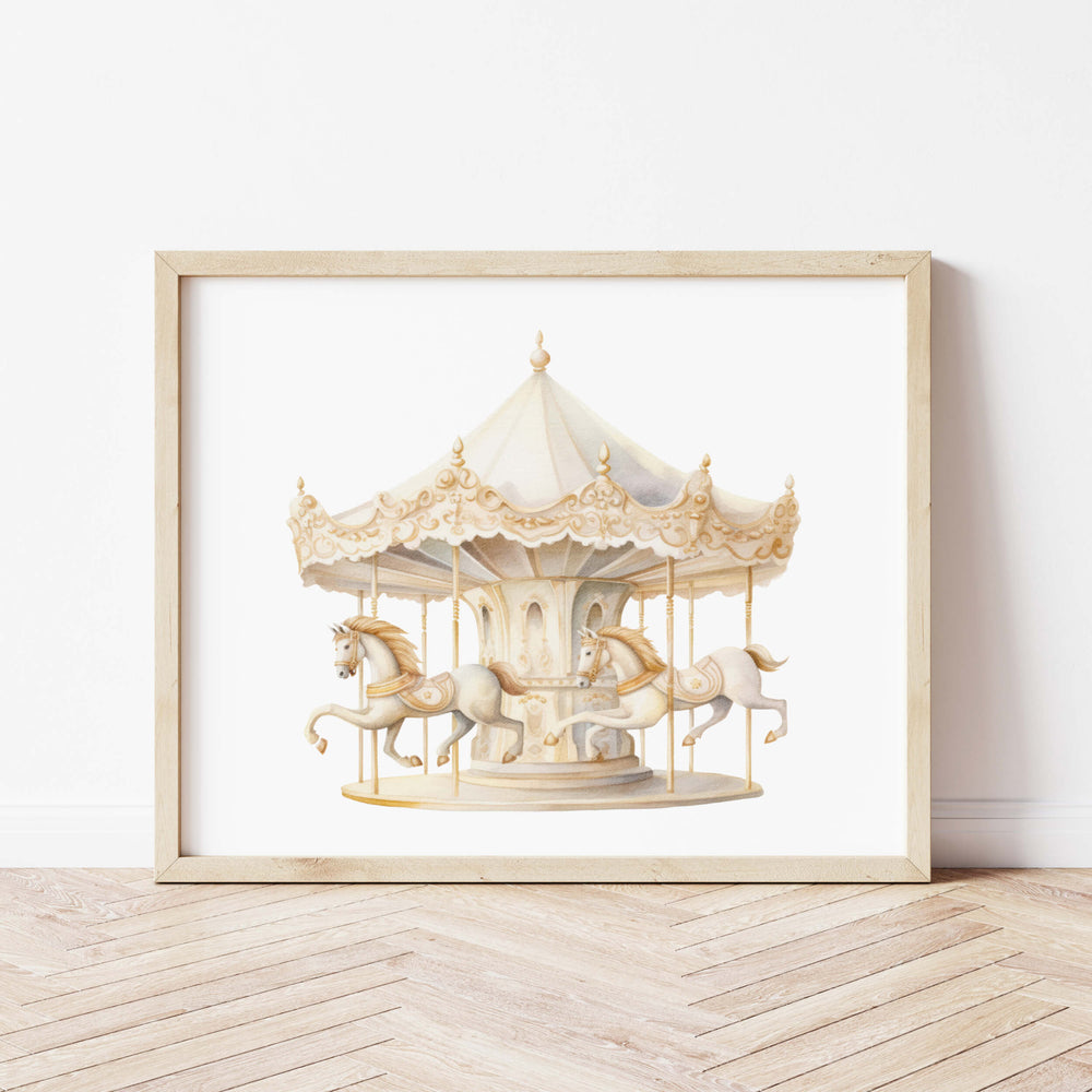Watercolor beige and white carousel printable for neutral nursery decor.