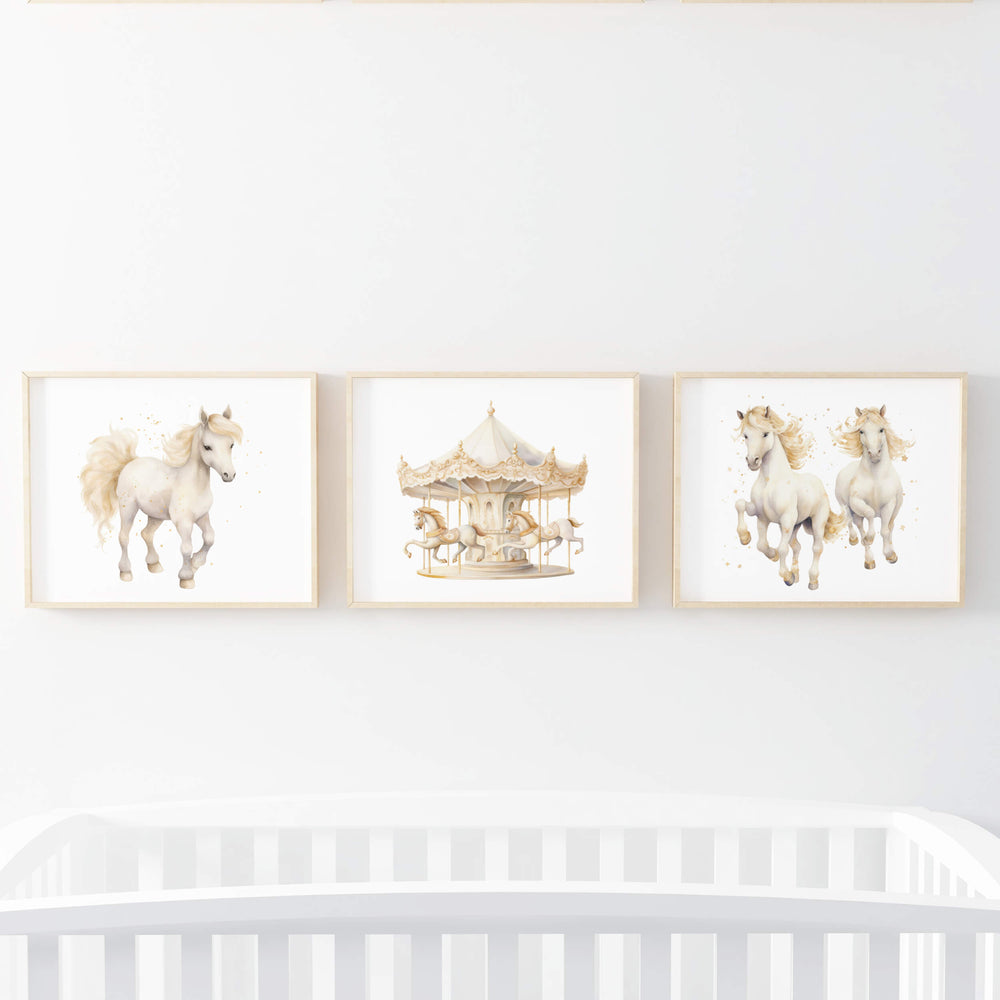 Set of 3 watercolor beige and white horse and carousel poster for neutral nursery decor.