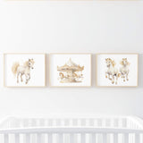 Set of 3 watercolor beige and white horse and carousel poster for neutral nursery decor.