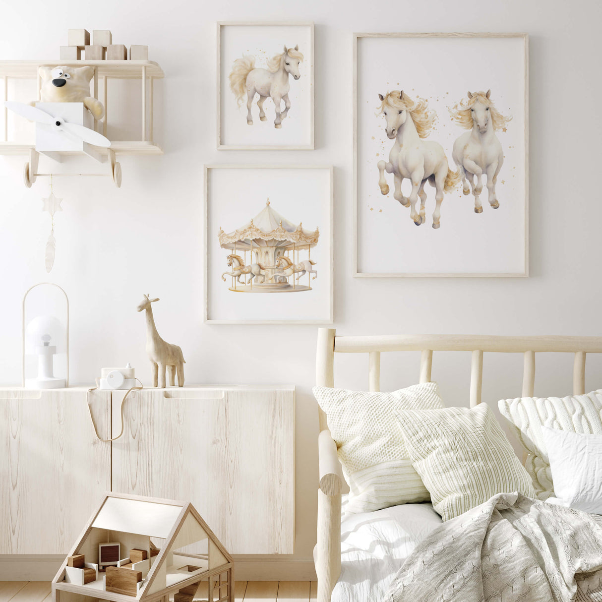 Set of 3 horse poster with yellow, beige and white colors for neutral nursery wall decor.
