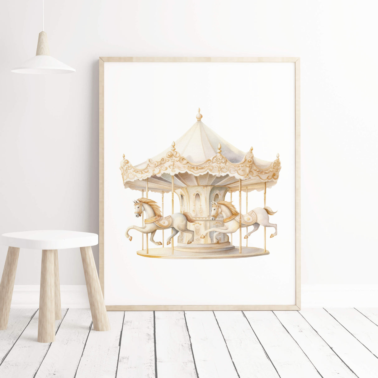 Watercolor carousel print in yellow, beige and white colors for baby girls room decor.