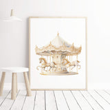 Watercolor carousel print in yellow, beige and white colors for baby girls room decor.