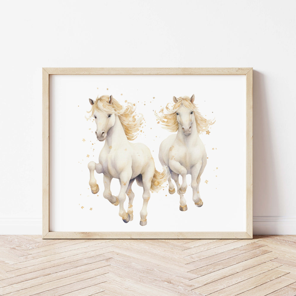 Watercolor yellow and white horse printable for baby girls room decor.