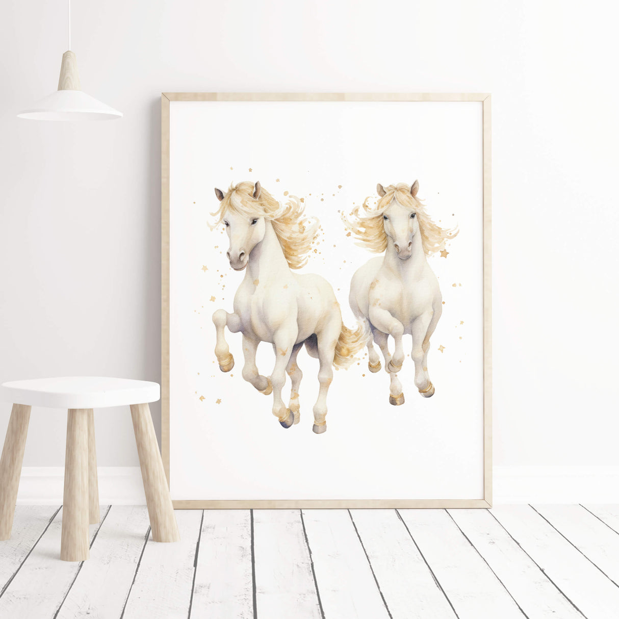Watercolor two white horse with yellow colors for girls room decor.