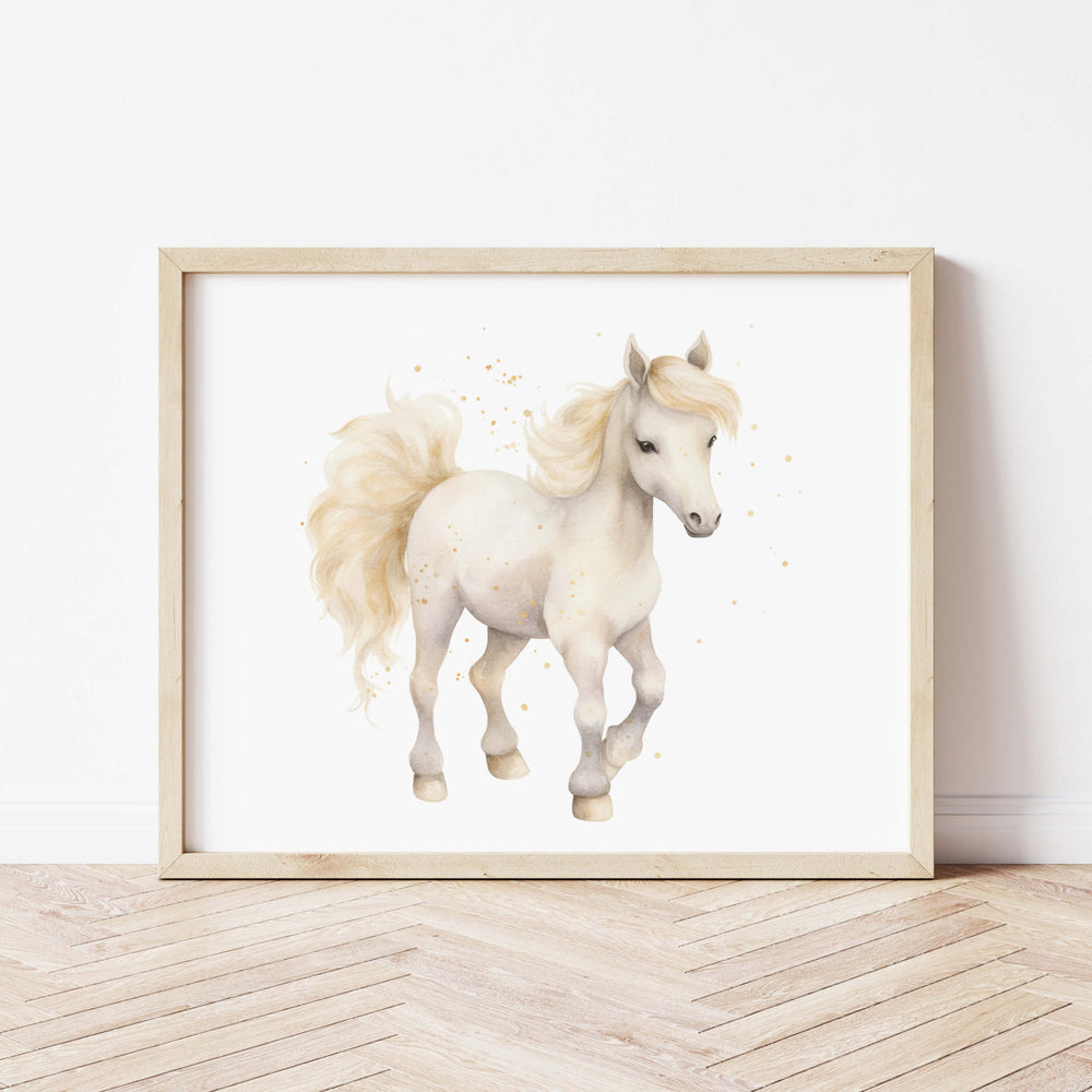 Watercolor yellow and white horse printable for baby girls room decor.