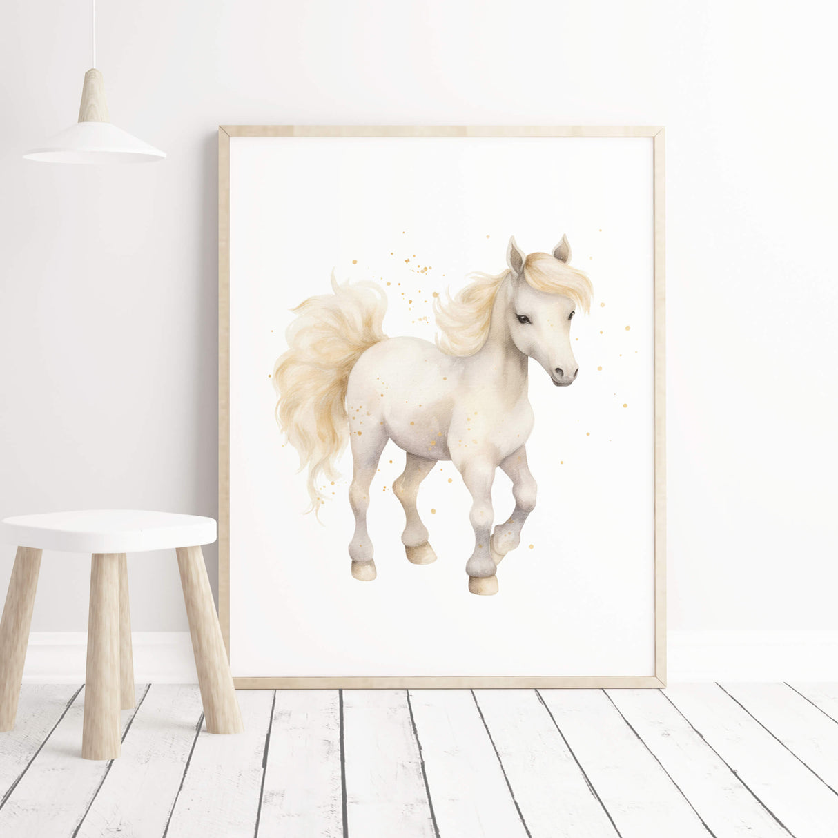 Watercolor white horse with soft yellow for kids room decor.
