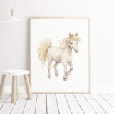 Watercolor white horse with soft yellow for kids room decor.