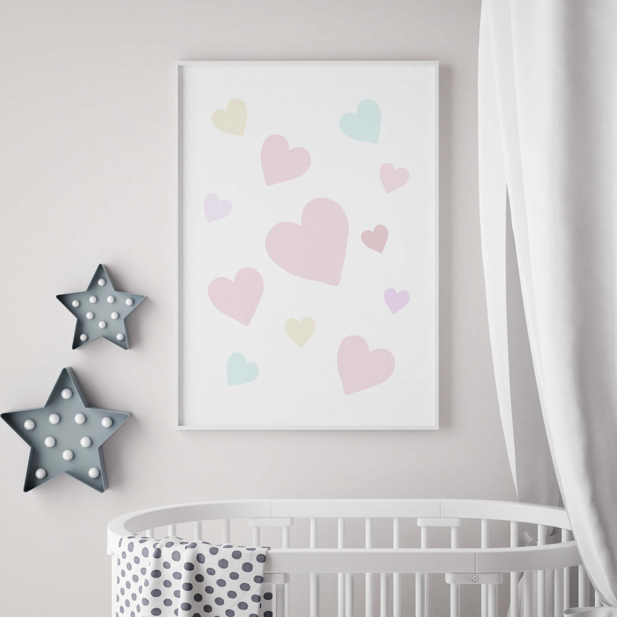 Watercolor pastel hearts print in pink, yellow, turquoise colors for valentine's day decor, pink home decor, red home decor, love home decor.