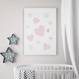 Watercolor pastel hearts print in pink, yellow, turquoise colors for valentine's day decor, pink home decor, red home decor, love home decor.