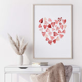 Watercolor hearts in heart print for valentine's day decor, pink home decor, red home decor, love home decor.