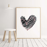 Watercolor black and pink hearts print for minimal valentine's day decor, pink home decor, red home decor, love home decor.