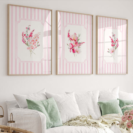 Pink floral printable wall art bundle with striped background for girls room nursery decor