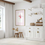 Girls nursery pink flower printables with vintage-style stripe pattern frames